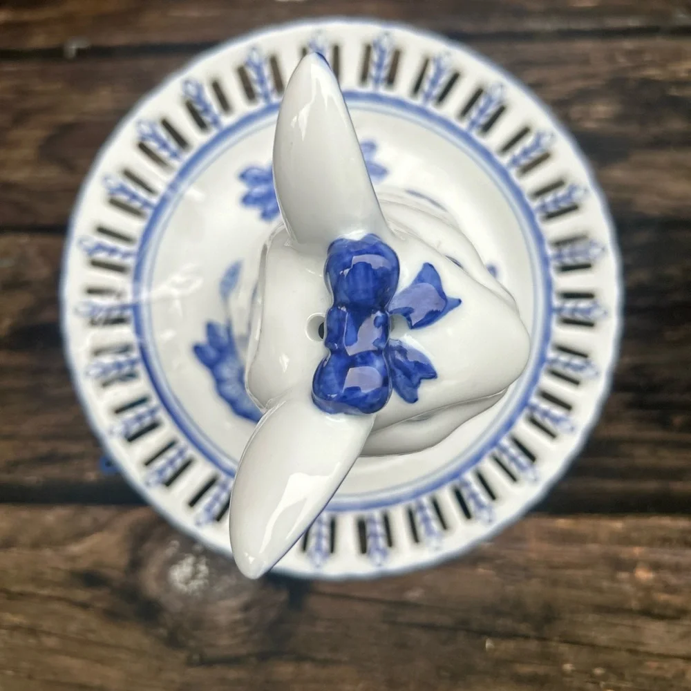 Rare and Unique Blue & White Porcelain Bunny Rabbit Bird Feeder